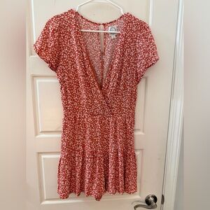 Francesca’s Blue Rain Red Floral Tiered Romper SM